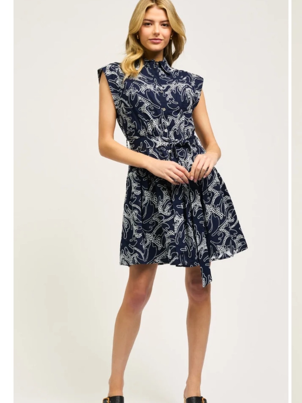 Current Air Navy & White Embroidered Shirt Dress Small